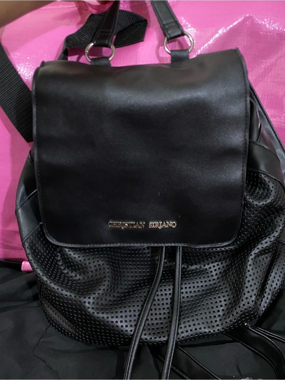 Christian Siriano Black Perforated Faux Leather Backpack